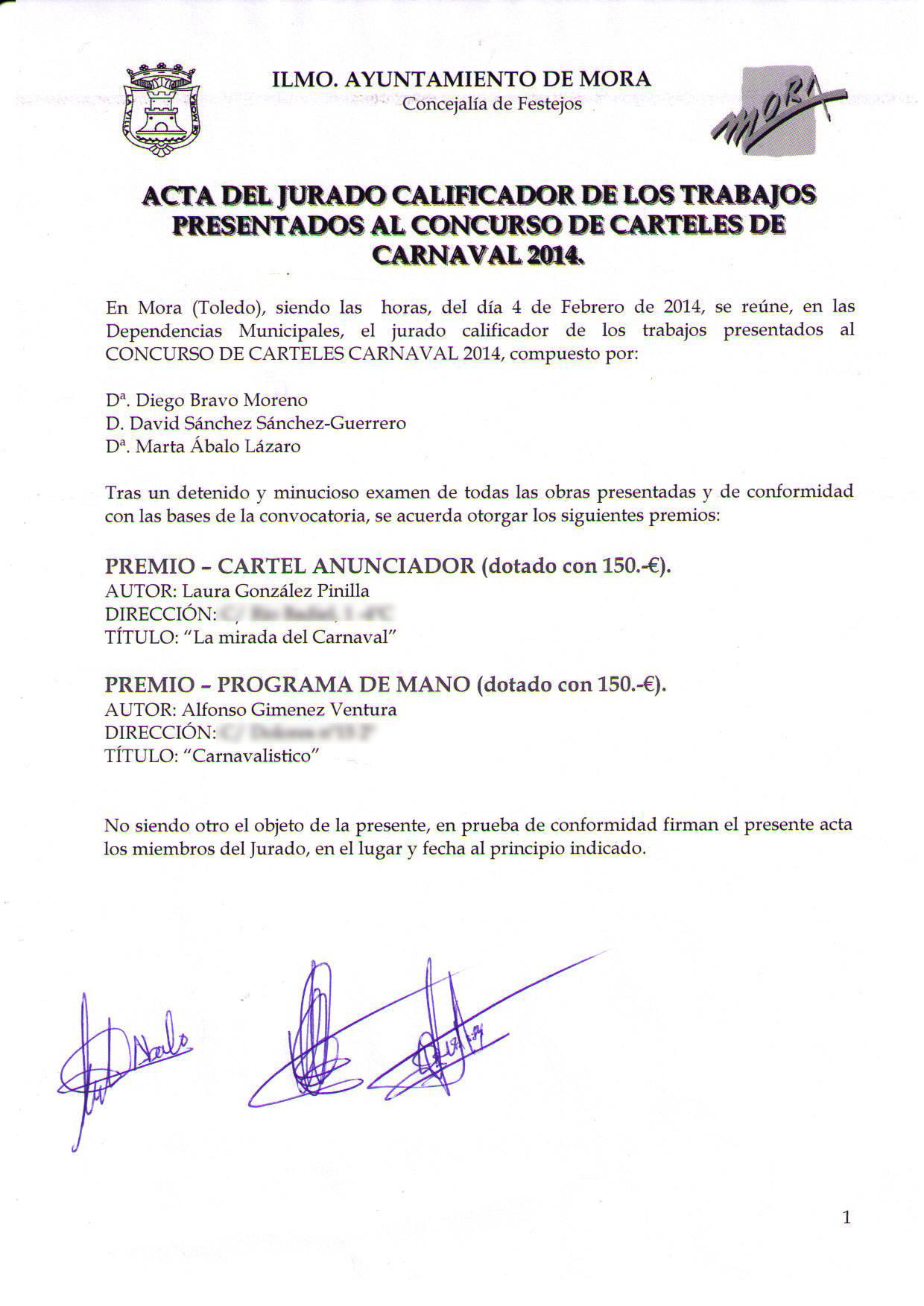 Acta levantada con los resultados del Concurso.